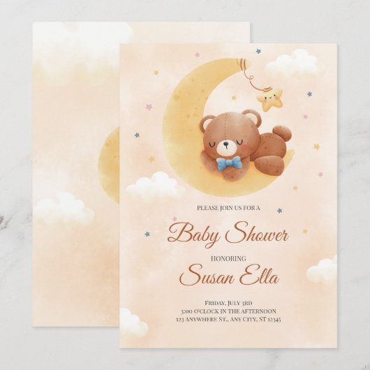 Geel Bruin Schattige Baby Beer Baby shower Uitnodi Kaart (Voorkant / Achterkant)