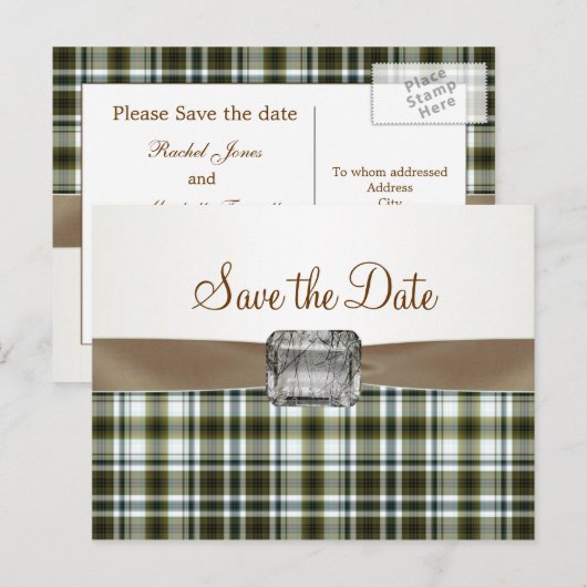 Geel bruin tartan patroon Save the Date Briefkaart (Voorkant / Achterkant)