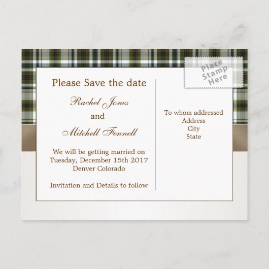 Geel bruin tartan patroon Save the Date Briefkaart (Achterkant)