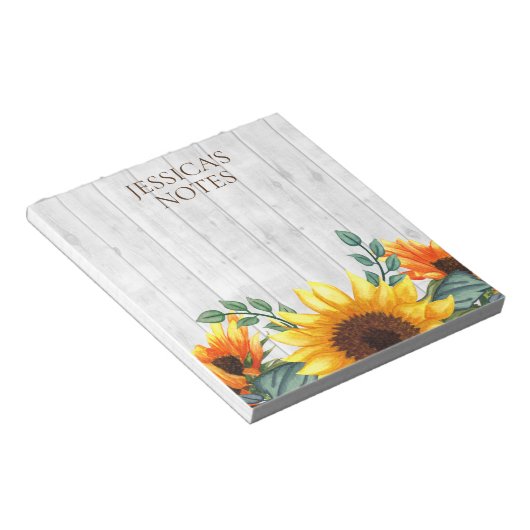 Geel bruin zonnebloem Wit Rustisch Hout Naam Notitieblok (Schuin)