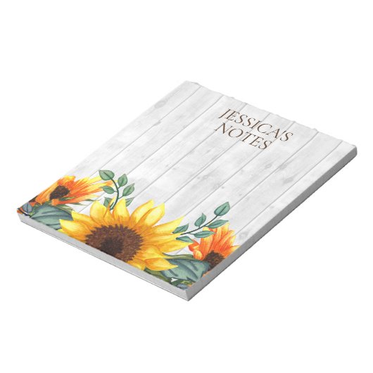 Geel bruin zonnebloem Wit Rustisch Hout Naam Notitieblok (Linkerzijde)