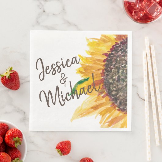 Geel bruin zonnebloem Witte bruiloft Couple's Name Servet (Insitu)