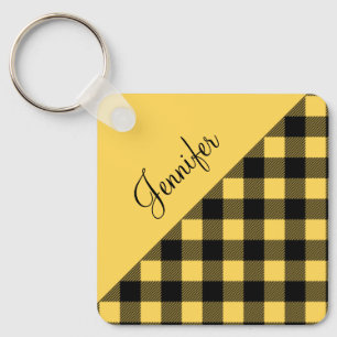 Geel Buffalo Plaid Check Patroon Naam Sleutelhanger