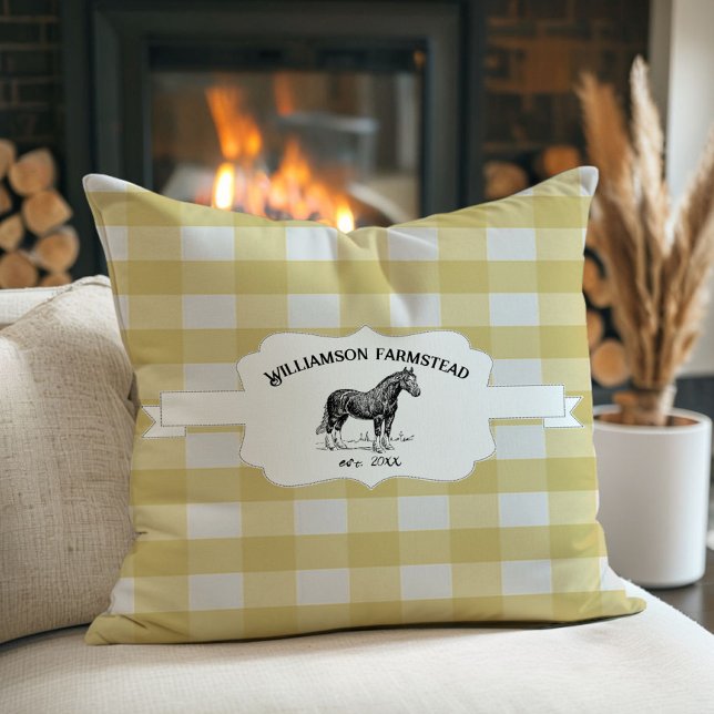 Geel Buffel Plaid Boerderij Paard Kussen (Yellow Buffalo Plaid Farm Horse Throw Pillow)