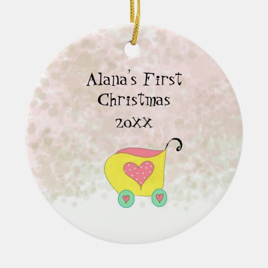 Geel buggy baby's eerste kerst keramisch ornament (Voorkant)