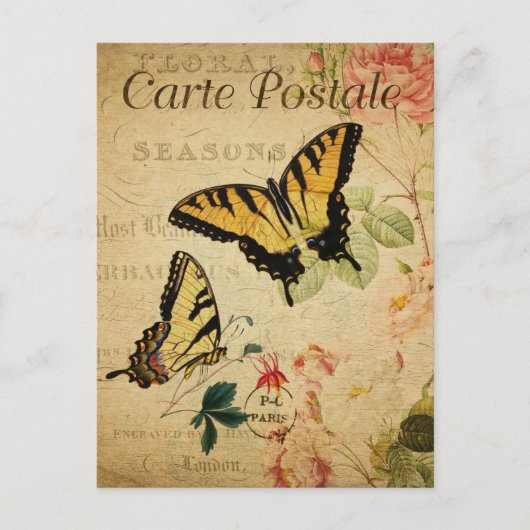  geel Butterflies Floral Flowers French Briefkaart (Voorkant)