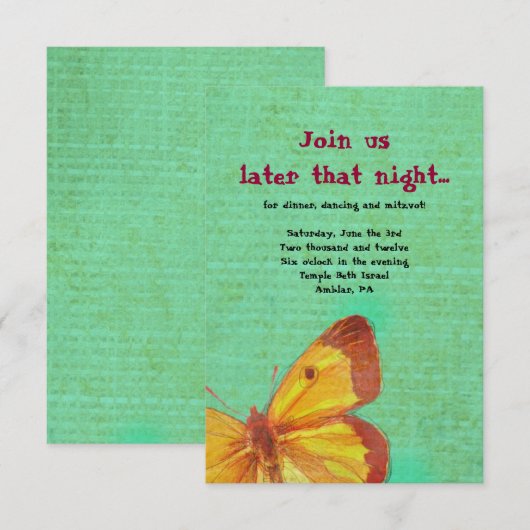  GEEL BUTTERFLY Bat Mitzvah Party Kaart (Voorkant / Achterkant)