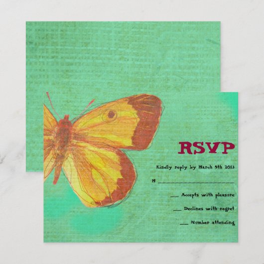 GEEL BUTTERFLY Bat Mitzvah Reply Card RSVP Kaartje (Voorkant / Achterkant)