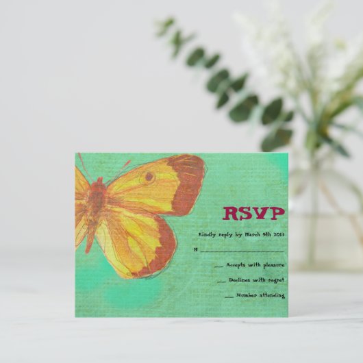  GEEL BUTTERFLY Bat Mitzvah Reply Card RSVP Kaartje (Staand voorkant)