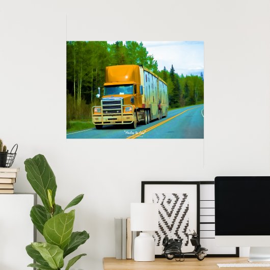 Geel Cargo Truck Highway Driving Art Poster (Thuiskantoor)