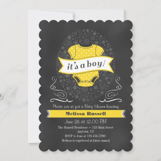 Geel Chalkboard Boy Baby shower nodigt uit Kaart (Voorkant)