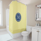 Geel Chevron Navy Blue Monogram Shower Curtain Douchegordijn (In situ)