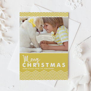 Geel Chevron Patroon Vrolijke Kerstfoto Feestdagenkaart