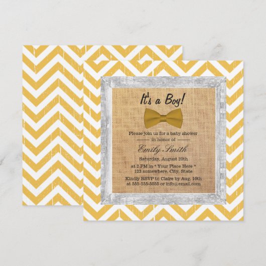Geel Chevron Stripes Gold Bow Stropdas Baby shower Kaart (Voorkant / Achterkant)