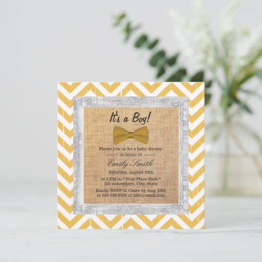 Geel Chevron Stripes Gold Bow Stropdas Baby shower Kaart (Staand voorkant)