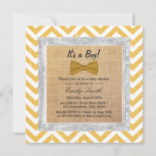 Geel Chevron Stripes Gold Bow Stropdas Baby shower Kaart (Voorkant)