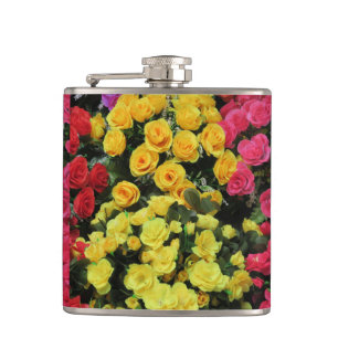 geel,chic, vintage, rood, roze, rozen, bloemen, heupfles