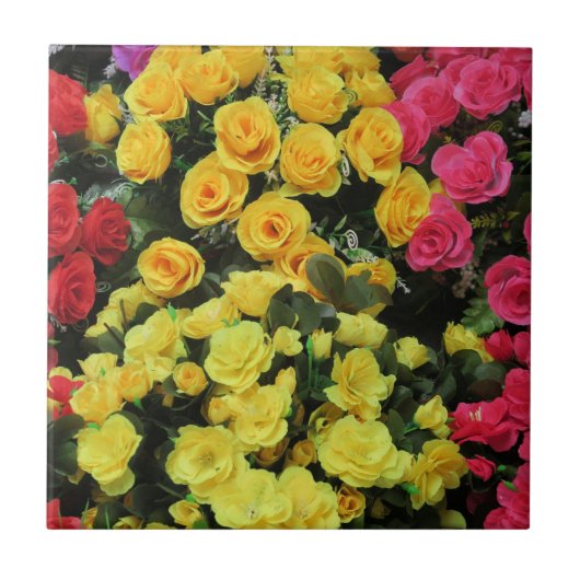 geel,Chic, vintage, rood, roze, rozen, bloemen, Tegeltje (Voorkant)