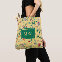 Geel Chinees Bloemstuk Custom Monogram Canvas tas