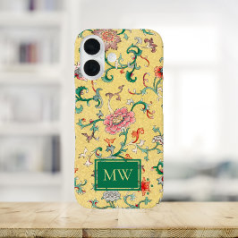 Geel Chinees Bloemstuk Custom Monogram iPhone 16 Hoesje