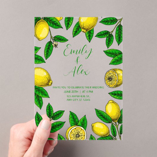 Geel Citroen & Bladergroen Acryl Uitnodiging (Insitu (Draagbaar))
