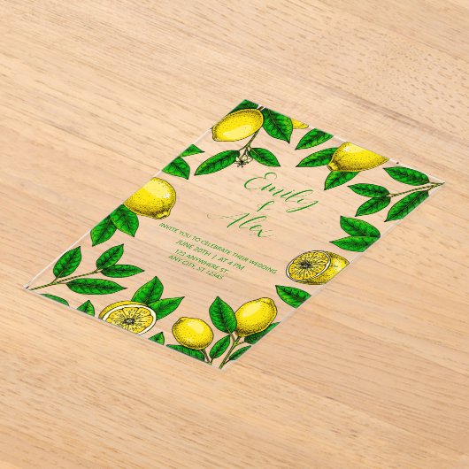 Geel Citroen & Bladergroen Acryl Uitnodiging (Laagn)