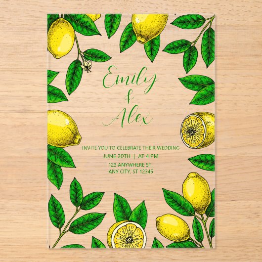 Geel Citroen & Bladergroen Acryl Uitnodiging (Voorkant)