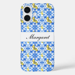 Geel Citroen Blauwe Tegel Waterverf Monogram Naam iPhone 16 Hoesje