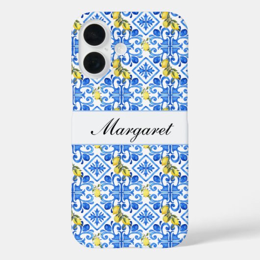 Geel Citroen Blauwe Tegel Waterverf Monogram Naam Case-Mate iPhone Case (Achterkant)