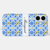 Geel Citroen Blauwe Tegel Waterverf Monogram Naam Case-Mate iPhone Case (Achterkant (horizontaal))