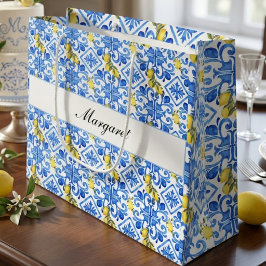 Geel Citroen Blauwe Tegel Waterverf Monogram Naam Groot Cadeauzakje