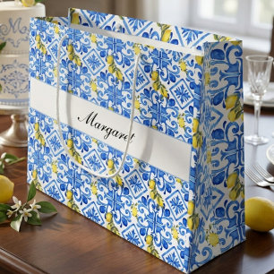 Geel Citroen Blauwe Tegel Waterverf Monogram Naam Groot Cadeauzakje