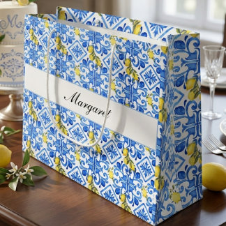 Geel Citroen Blauwe Tegel Waterverf Monogram Naam Groot Cadeauzakje