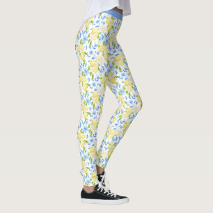 Geel Citroen Fruit Blauw Bloemmotief Blad Patroon  Leggings