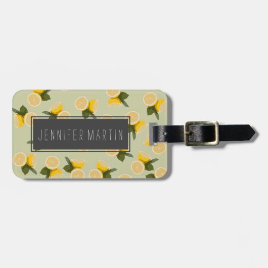 Geel citrus Lemon-fruit op Bleek kalkgroen Bagagelabel (Voorkant horizontaal)