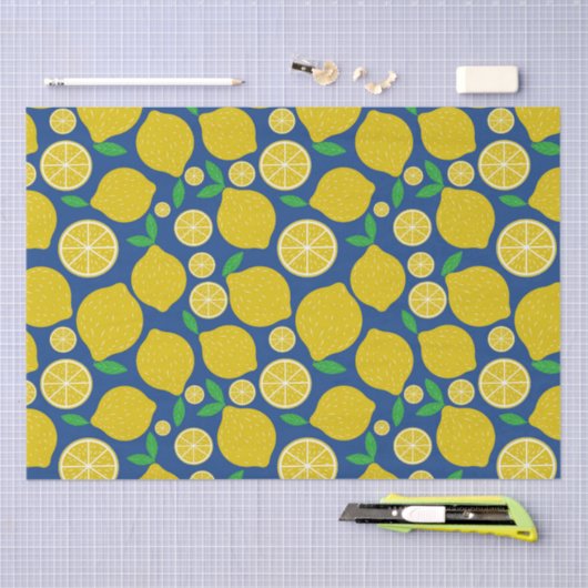 Geel Citrus Patroon op Blauw Tissuepapier (Craft)