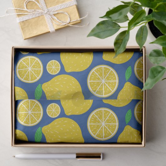 Geel Citrus Patroon op Blauw Tissuepapier (Geschenk)