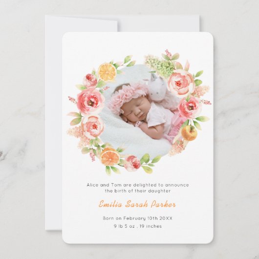 Geel citrusRoos Wreath | Elegant Floral Birth Aankondiging (Voorkant)