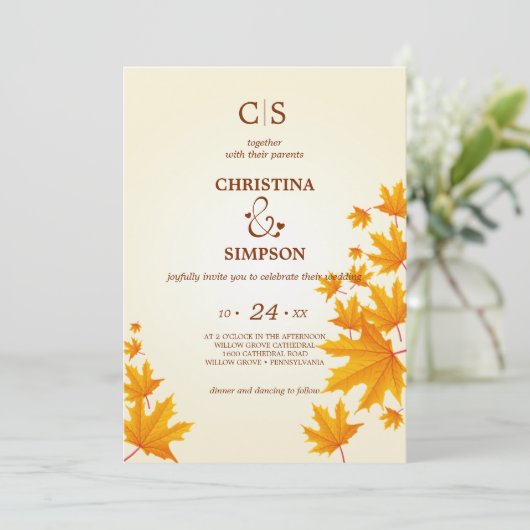 Geel Classic herfst esdoorn bladeren bruiloft Kaart (Staand voorkant)