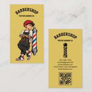 Geel Coole Kapper Mascotte Haarstylist QR Visitekaartje