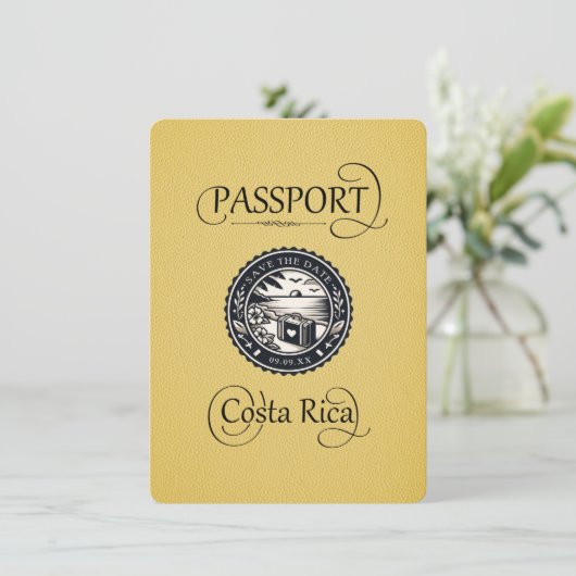 Geel Costa Rica paspoort Save The Date (Staand voorkant)