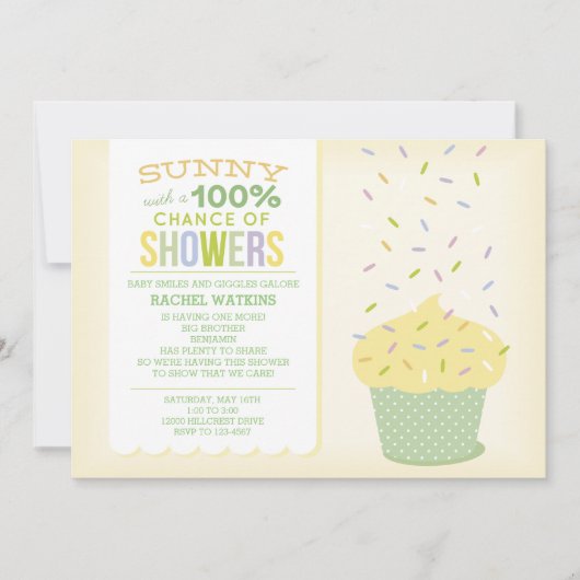 Geel Cupcake Baby Sprinkle Uitnodiging (Voorkant)