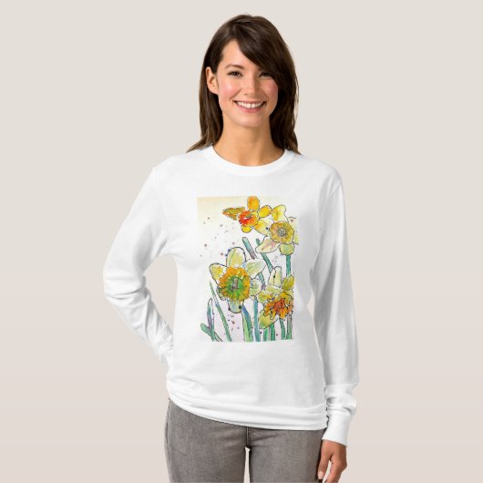 Geel Daffodil aquarel art womens T Shirt (Voorkant volledig)