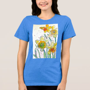 Geel Daffodil aquarel kunst Meisjes T Shirt blauw