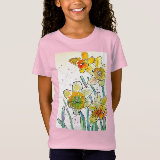 Geel Daffodil aquarel kunst Meisjes T Shirt roze (Voorkant)