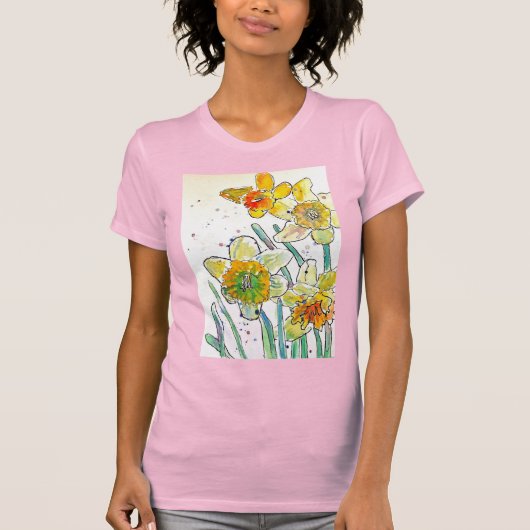 Geel Daffodil aquarel kunst Meisjes T Shirt roze (Voorkant)