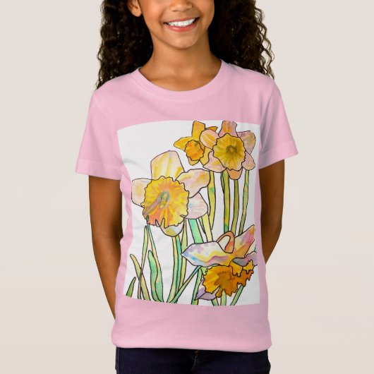 Geel Daffodil aquarel kunst Meisjes T Shirt roze (Voorkant)