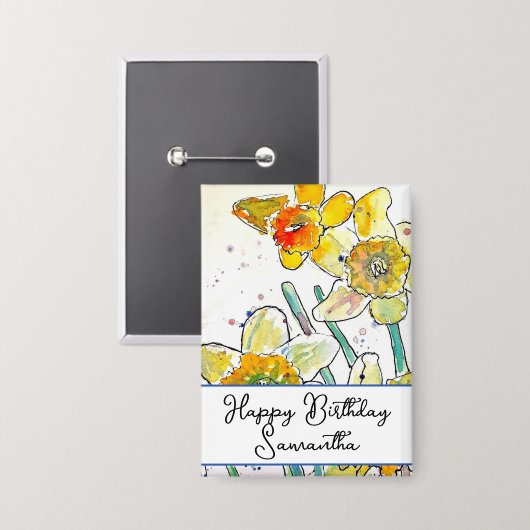 Geel Daffodil Bloem Waterverf Verjaardag Badge Button (Voorkant / Achterkant)