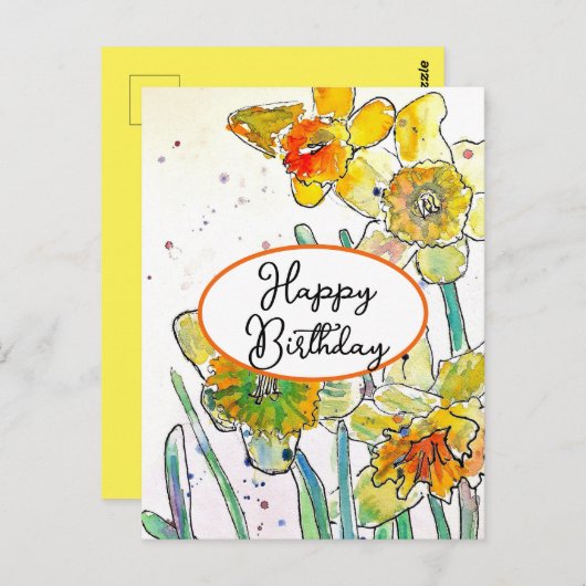 Geel Daffodil bloem Waterverf Verjaardag Briefkaart (Voorkant / Achterkant)