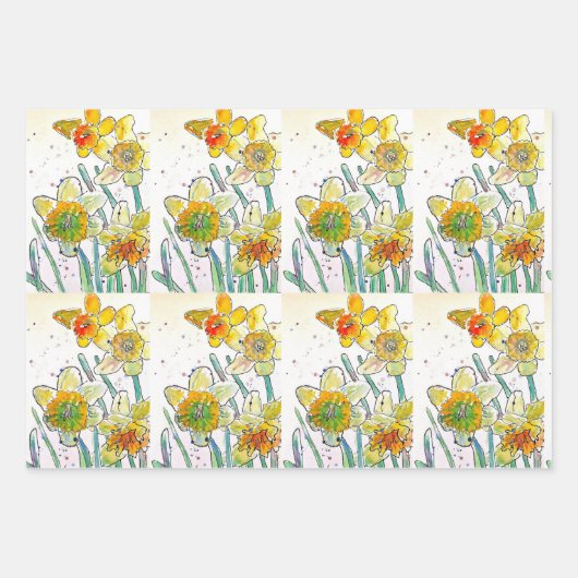 Geel Daffodil Daffodils bloem Waterverf Inpakpapier Vel (Voorkant 3)